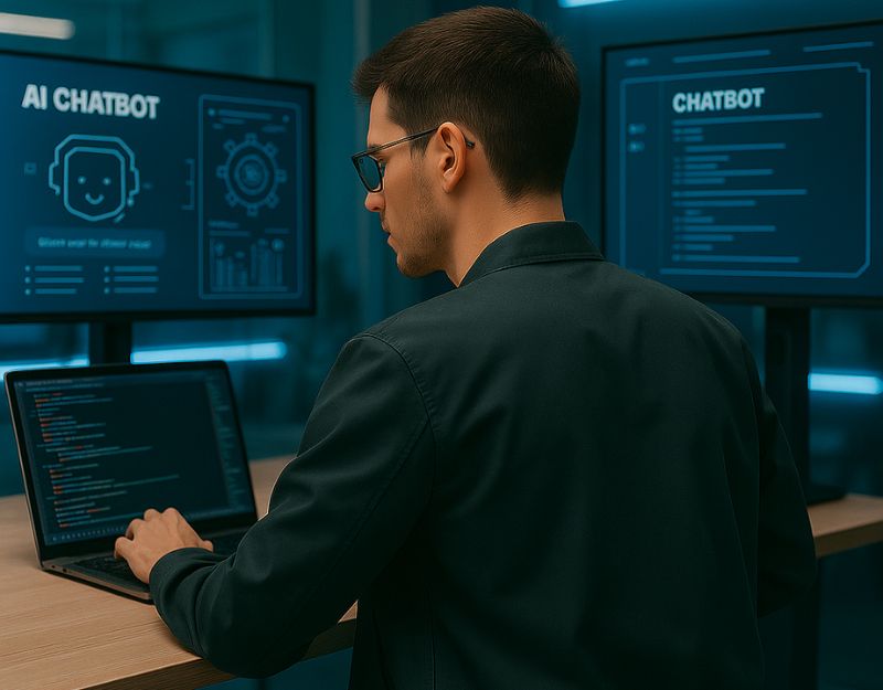 Innanis - Man working on laptop with chatbot Innanis - Man working on laptop with chatbot